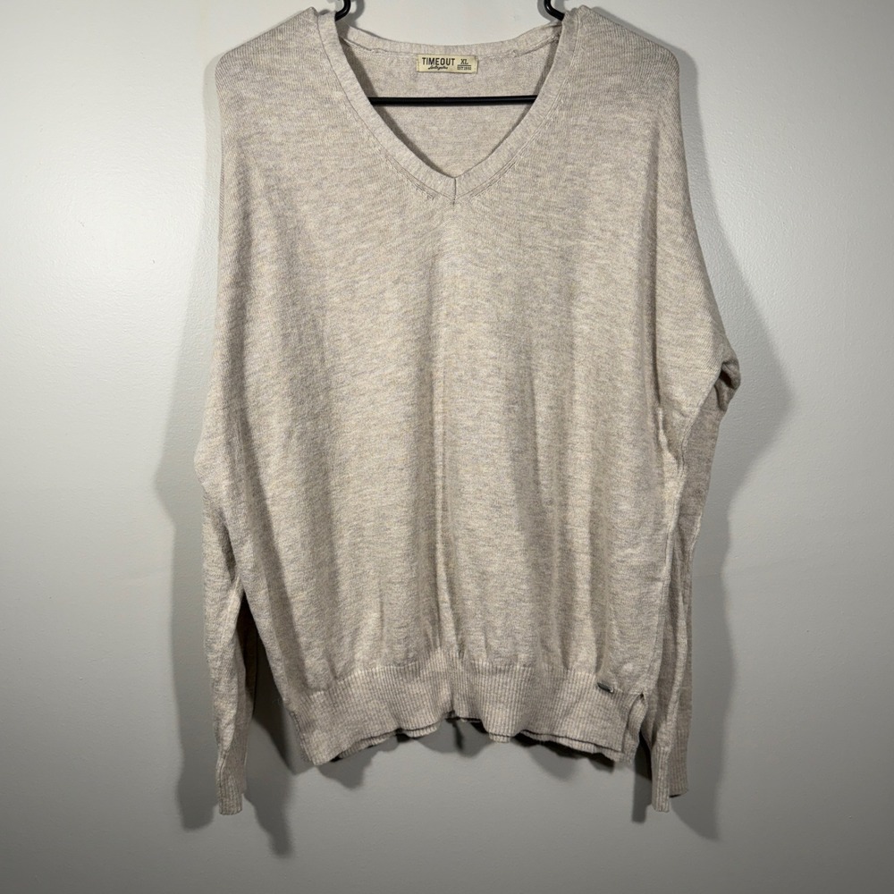 Timeout Los Angeles Womens XL Beige Melange‎ V-Neck Long Sleeve Knit Sweater